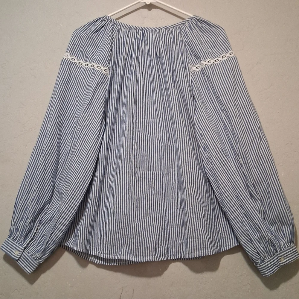 Old Navy Puff Sleeve‎ Lace Button Front Striped Blouse Lightweight Peasant Boho